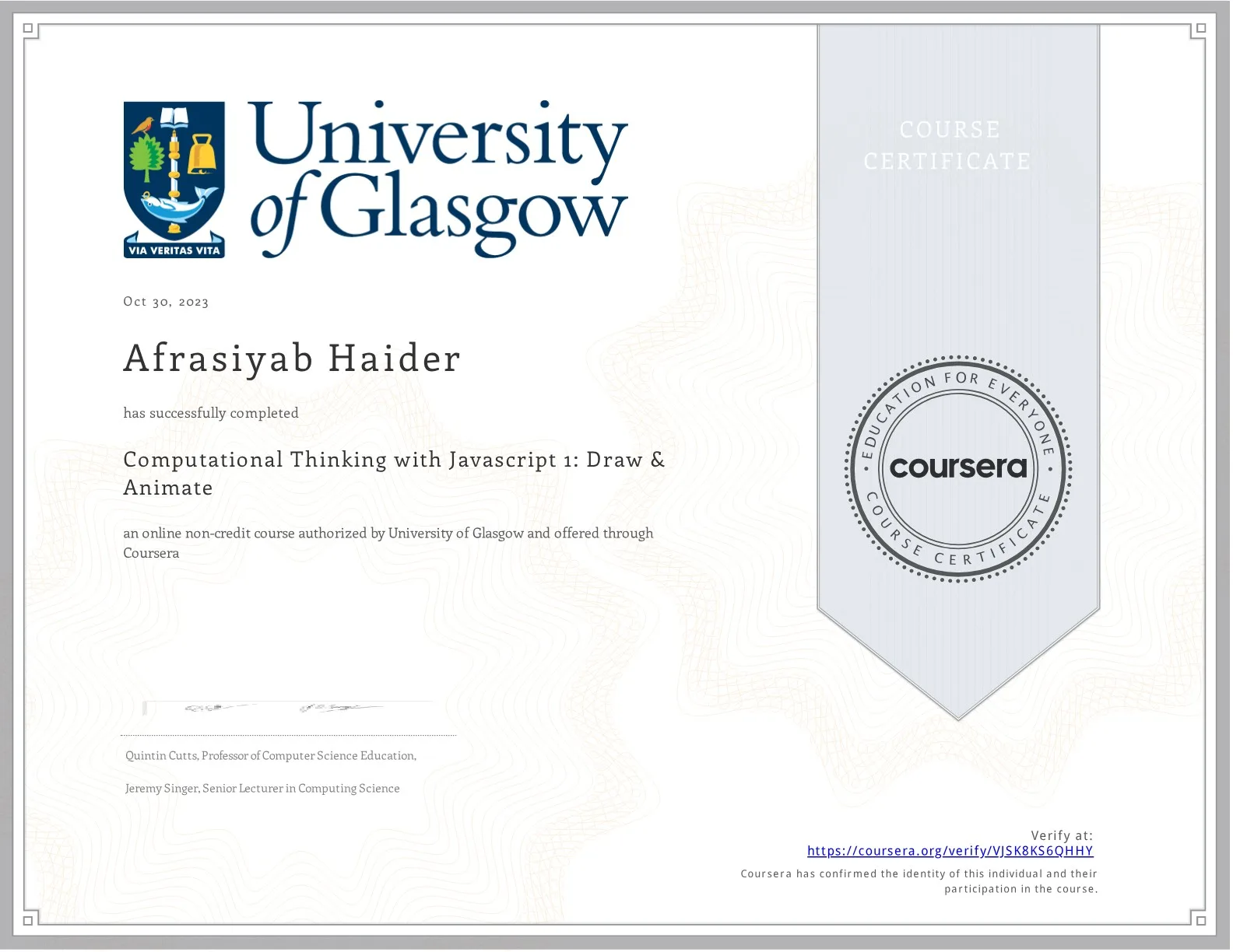 JavaScript, University of Glasgow (Coursera)